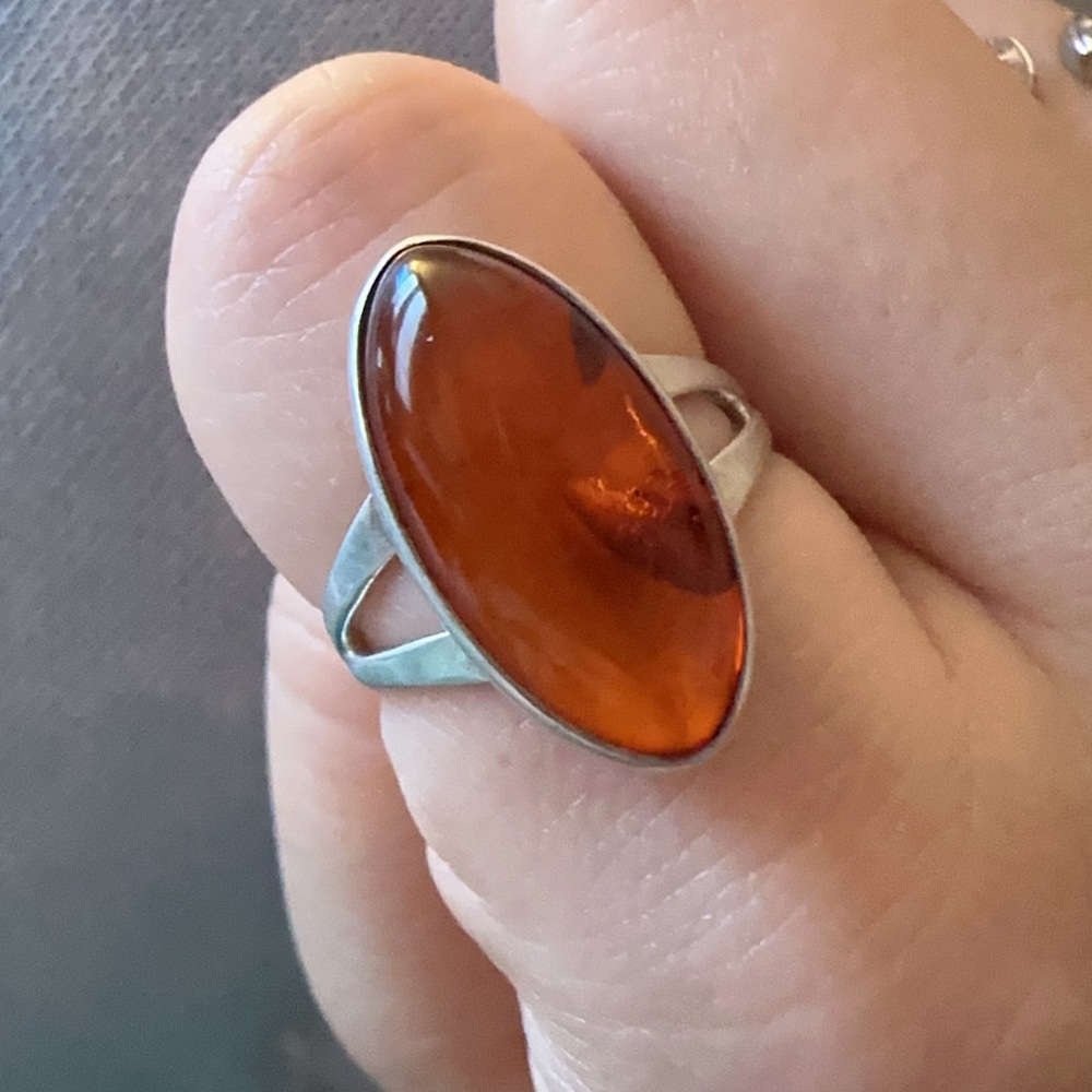 Sterling Silver Boho Orange Amber Marquise Ring